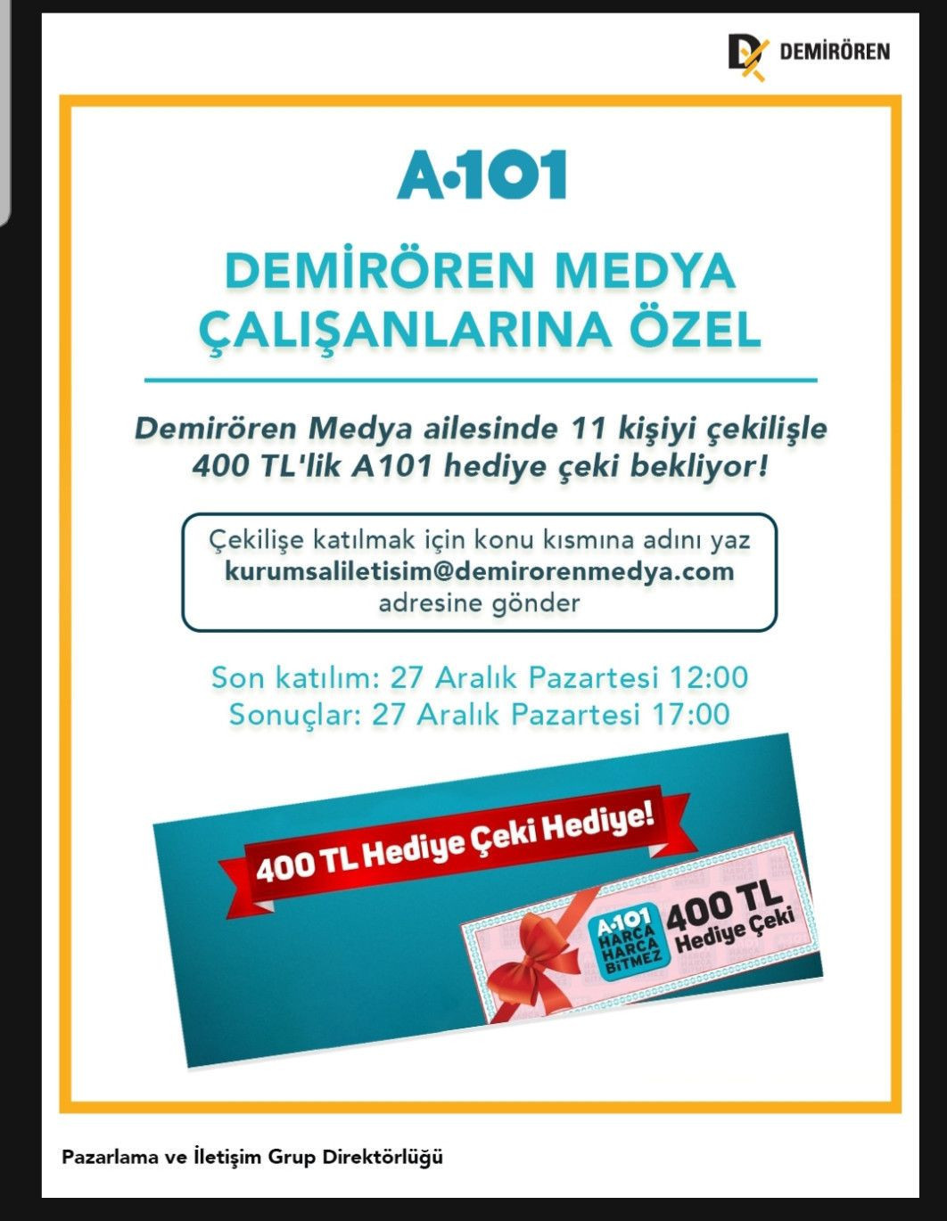 Şaka Gibi: Demirören Medya'da 11 Çalışana Çekilişle 400 TL'lik A101 Hediye Çeki! Harca Harca Bitmez - Resim: 1