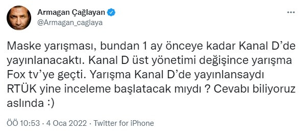 Armağan Çağlayan’dan RTÜK’e Kapak! Maske Kimsin Sen FOX Yerine Kanal D’de Yayınlansaydı... - Resim: 1