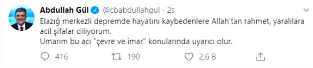 Abdullah Gül'den Elazığ depremiyle ilgili dikkat çeken çıkış: Umarım uyarıcı olur - Resim: 1