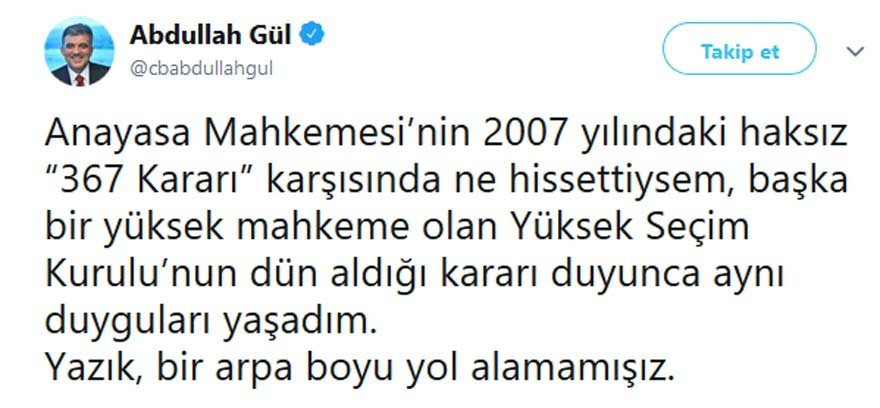 Abdullah Gül'den YSK kararına ilk yorum: Yazık, bir arpa boyu yol alamamışız - Resim: 1