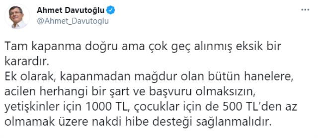 Davutoğlu: Tam Kapanmada Yetişkinlere 1000 TL, Çocuklara 500 TL Destek Sağlanmalı - Resim: 1