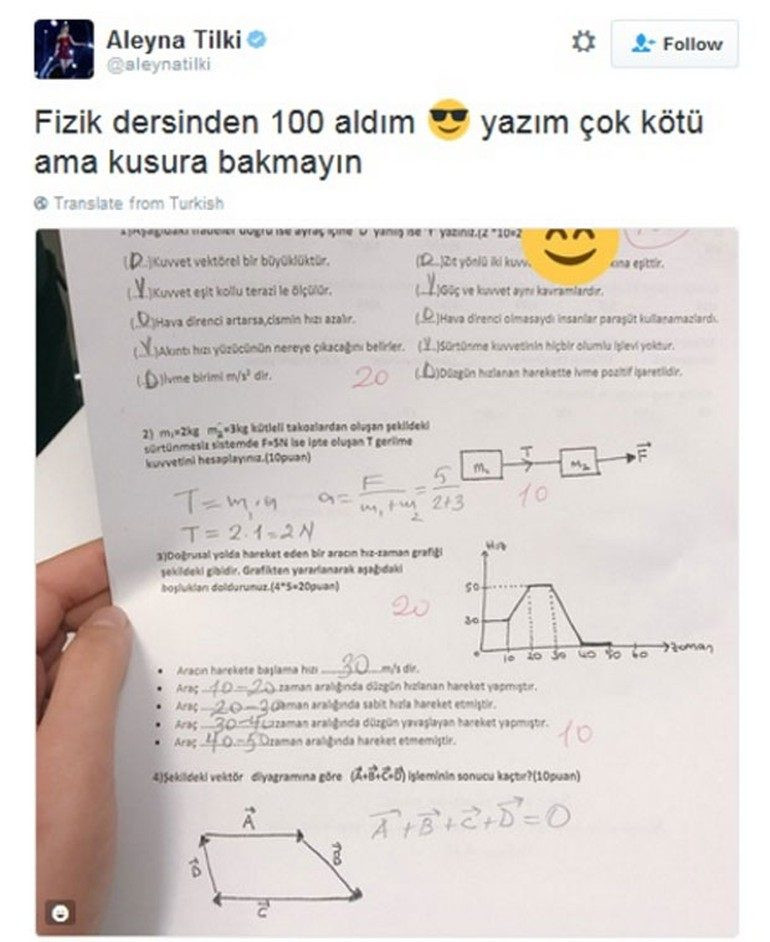 Aleyna Tilki Fizik sınavına girdi, kağıdını sosyal medya hesabından paylaştı - Resim: 1