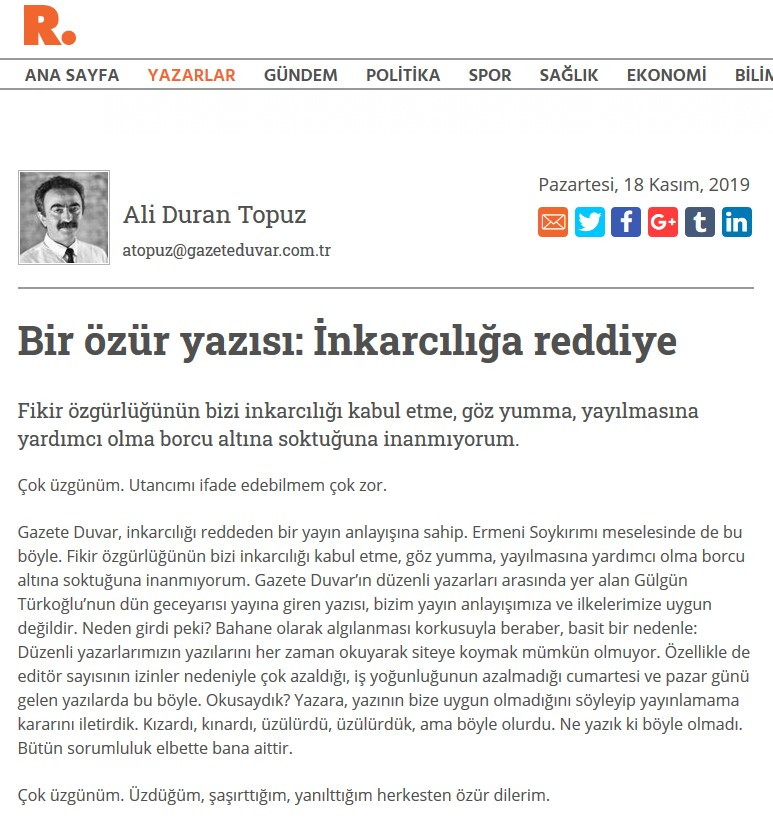 Gazete Duvar, Ermeni soykırımı yoktur diyen yazarını sansürledi Gazete Duvar, Ermeni soykırımı yoktur diyen yazarını sansürledi