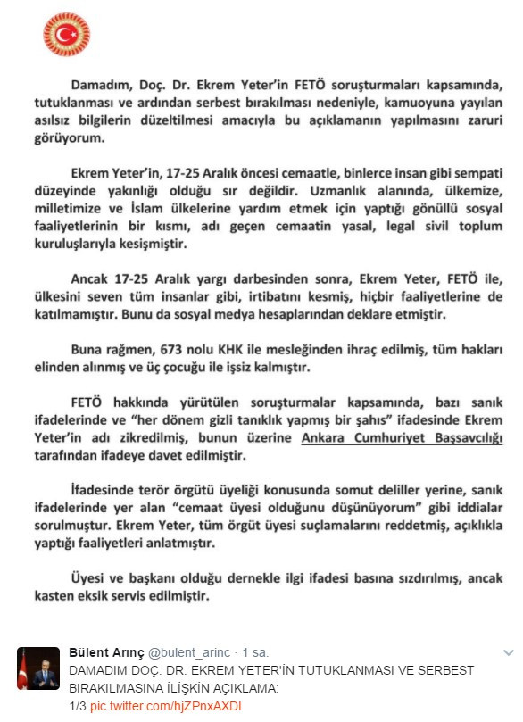 Bülent Arınç'tan damadının tahliyesi için ilk açıklama - Resim: 1