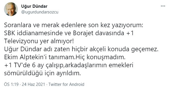 Uğur Dündar: SBK İddianamesinde ve Borajet Davasında Artı 1 TV Yer Almıyor! - Resim: 1