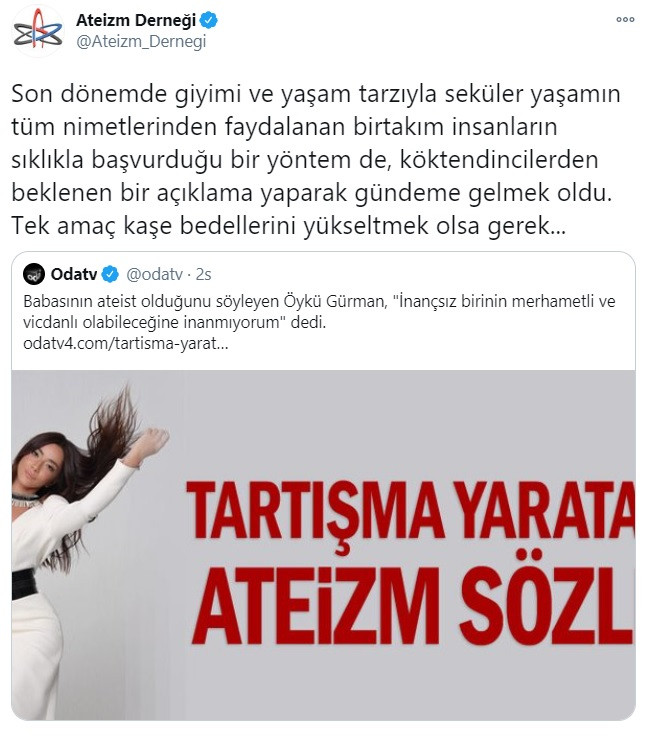 Ateizm Derneği'nden Öykü Gürman'a flaş tepki: Tek amaç kaşesini yükseltip.. - Resim: 1