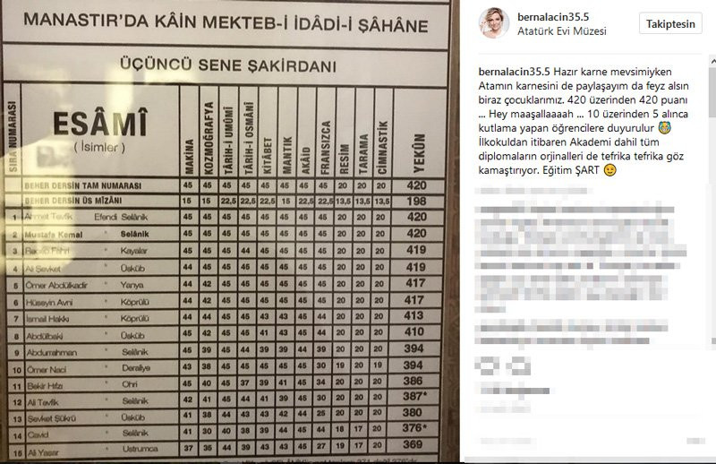 Berna Laçin, Atatürk’ün karnesini paylaştı - Resim: 1