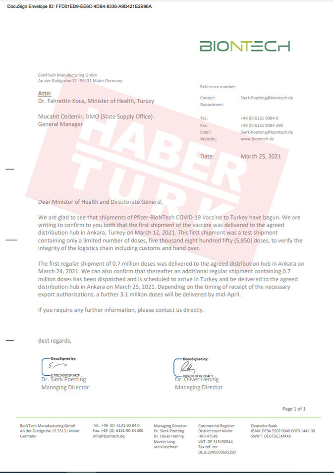 Fatih Altaylı 1,5 Milyon Doz Biontech Aşısının Belgesini Yayımladı - Resim: 1
