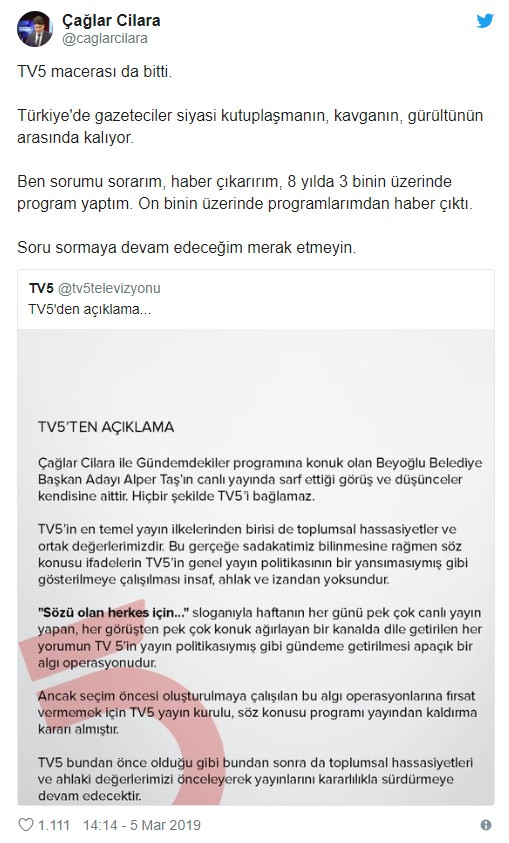 Programı yayından kaldırılan Çağlar Cilara'dan açıklama: TV5 macerası da bitti - Resim: 2