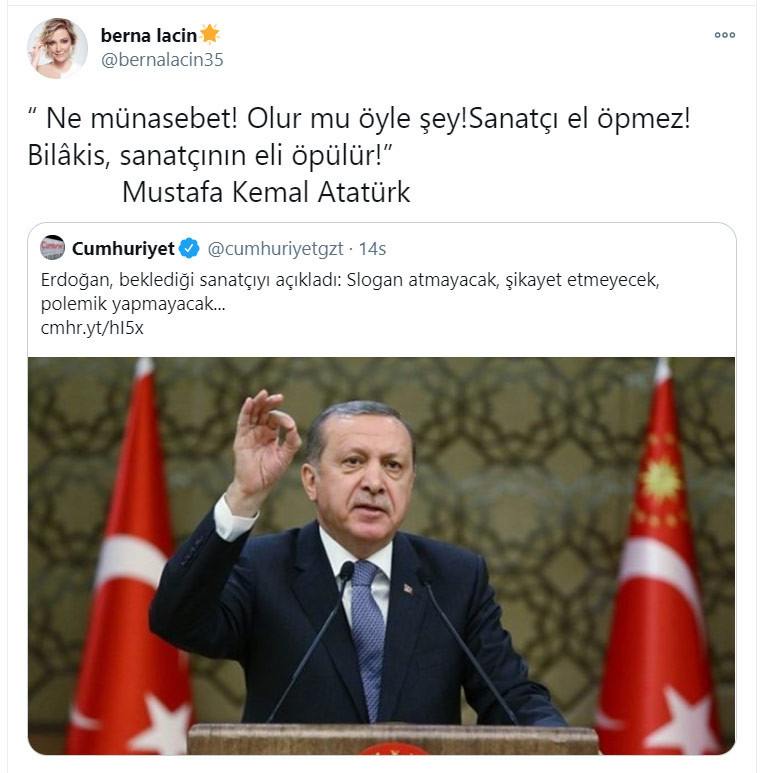 Erdoğan'ın Sanatçı Tarifine Berna Laçin'den Flaş Yanıt - Resim: 1