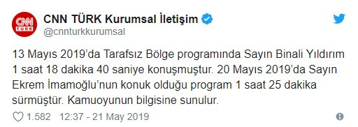 CNN Türk: Yıldırım 1 saat 18 dakika konuştu, İmamoğlu yayını 1 saat 25 dakika sürdü - Resim: 1