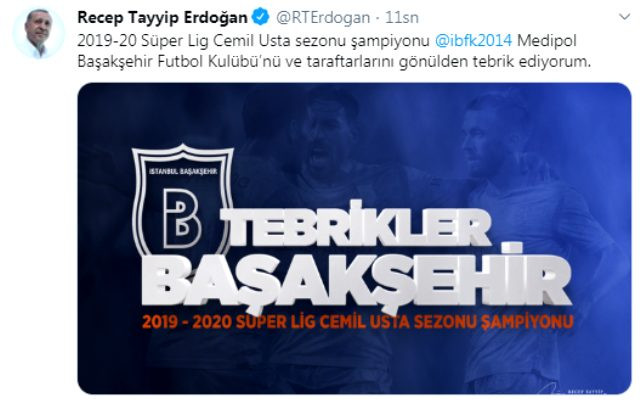Erdoğan’dan kurucusu olduğu Başakşehir’e şampiyonluk kutlaması - Resim: 1