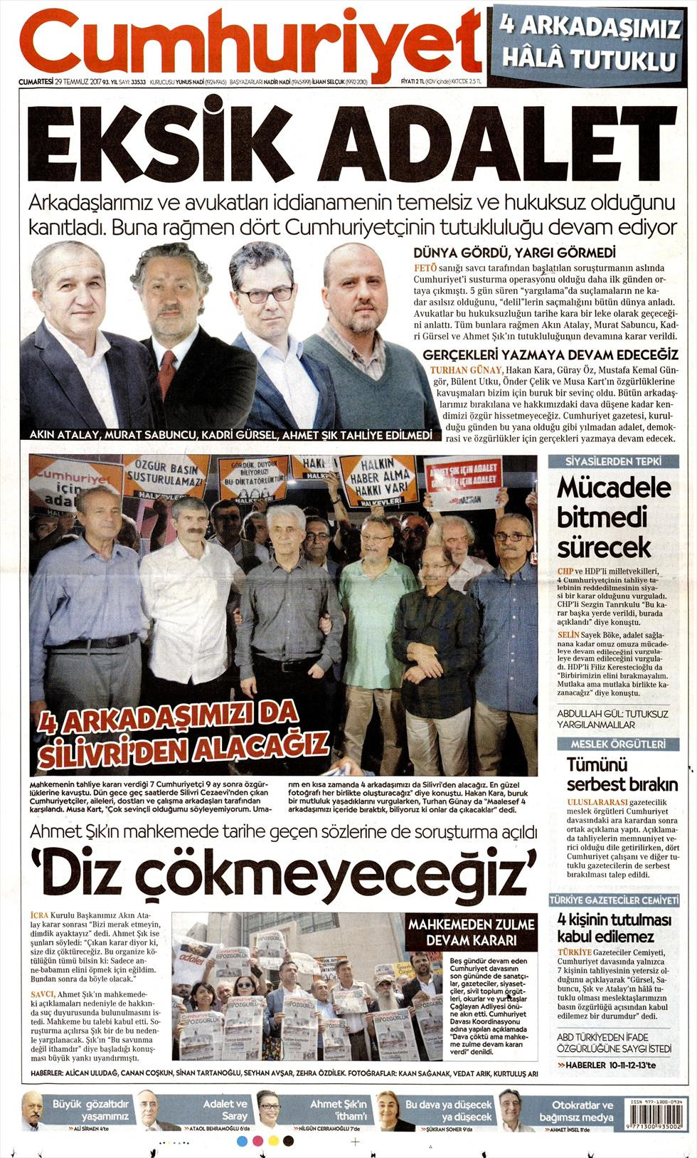 Cumhuriyet bu manşetle çıktı: Eksik adalet! - Resim: 1