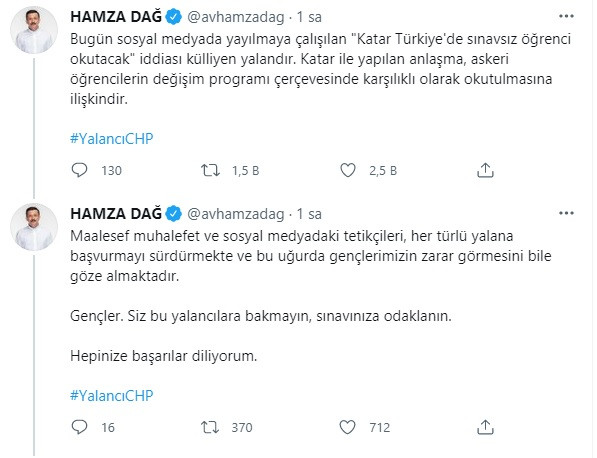 Hamza Dağ: Katar, Türkiye'de Sınavsız Öğrenci Okutacak İddiası Külliyen Yalan - Resim: 1