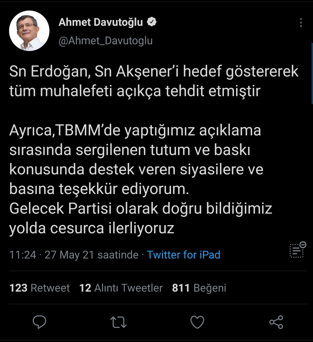 Davutoğlu: Erdoğan, Akşener’i Hedef Göstererek Tüm Muhalefeti Tehdit Etti - Resim: 1