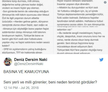 Deniz Naki'den Mesut Özil'e: Seni yerli ve milli görenler, beni neden terörist gördüler? - Resim: 1