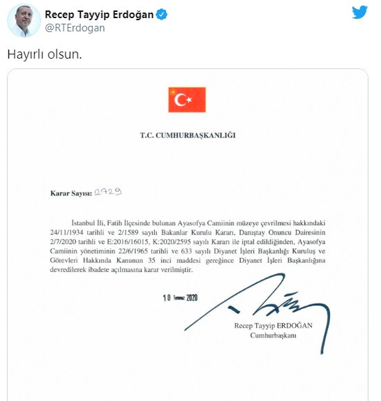 Erdoğan Ayasofya’yı ibadete açılması için Diyanet’e devretti - Resim: 1
