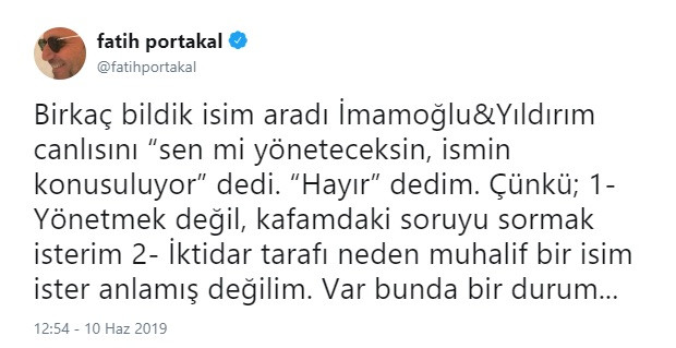 Fatih Portakal: İmamoğlu Yıldırım tartışmasını yönetmek değil soru sormak isterim - Resim: 1