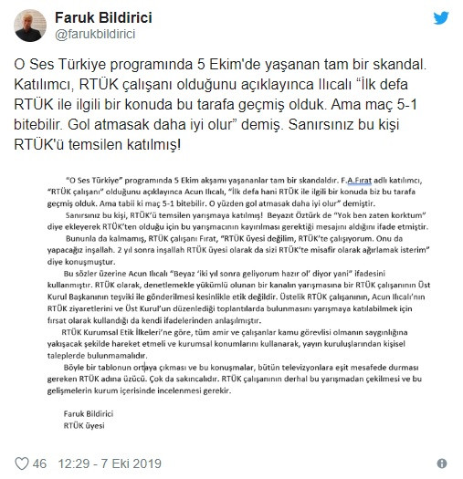 RTÜK üyesi Bildirici: O Ses Türkiye'de 5 Ekim akşamı yaşananlar tam bir skandaldır - Resim: 1