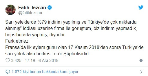 Fatih Tezcan: Türkiye'de 17 Kasım'dan sonra sarı yelek alan herkes terör şüphelisidir - Resim: 1