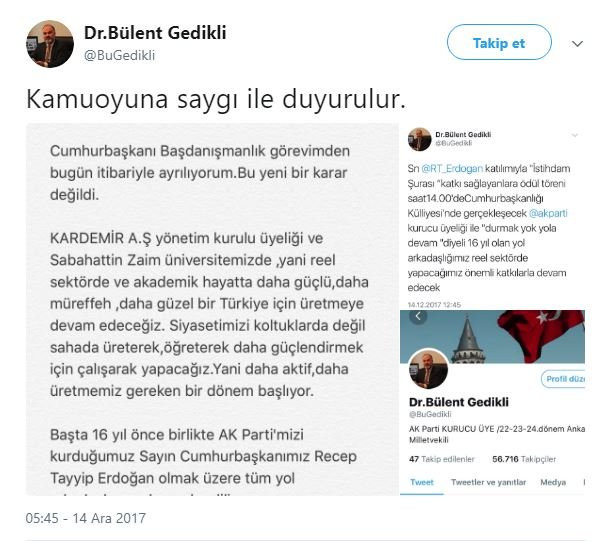 Son dakika: Erdoğan'ın başdanışmanı Bülent Gedikli bu tweet yüzünden mi istifa etti? - Resim: 1