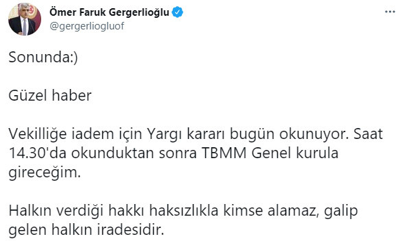 HDP'li Ömer Faruk Gergerlioğlu'nun Milletvekilliği İade Edildi - Resim: 1