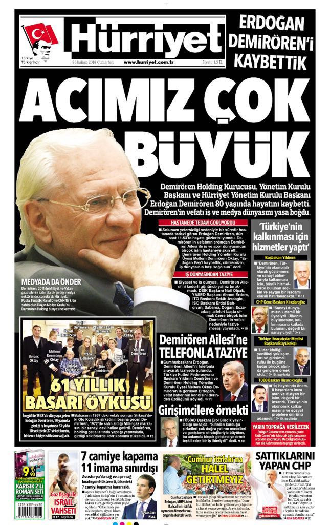 Hürriyet Erdoğan Demirören'in vefatına siyah yas logosuyla 5 sayfa ayırdı - Resim: 1