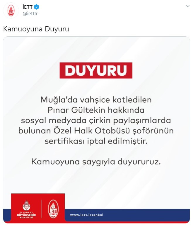 İETT'den Pınar Gültekin kararı: Tepki çeken paylaşımı yapan şoförün lisansı iptal edildi - Resim: 1