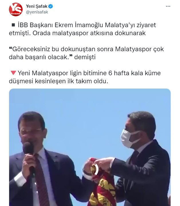 Yeni Şafak Malatyaspor'un Küme Düşme Sebebini Buldu: İmamoğlu Ziyareti Uğursuz Gelmiş - Resim: 1