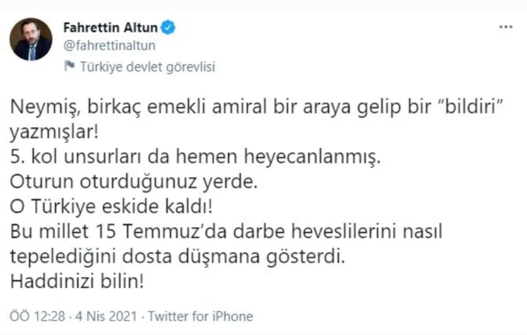 Saraydan Emekli Amirallere Tepki: Darbe Heveslileri, Haddinizi Bilin! - Resim: 1