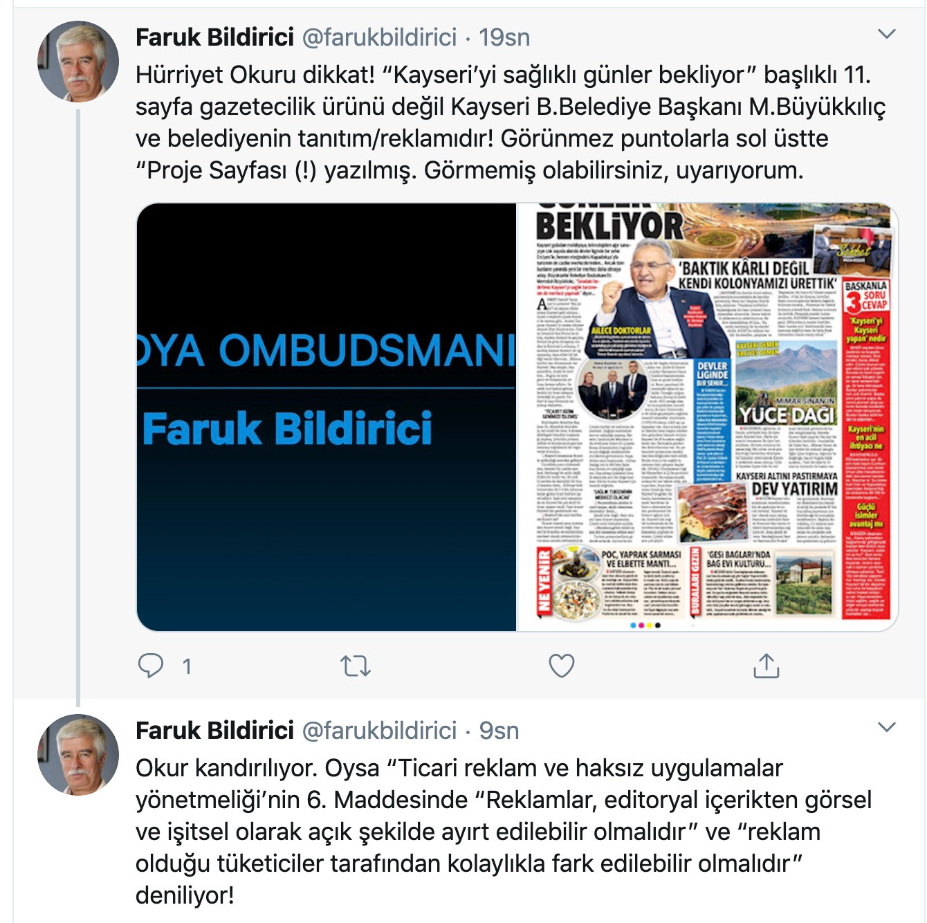 Faruk Bildirici: Hürriyet’in 11. sayfasındaki haber değil Kayseri Büyükşehir Belediyesi reklamı - Resim: 1