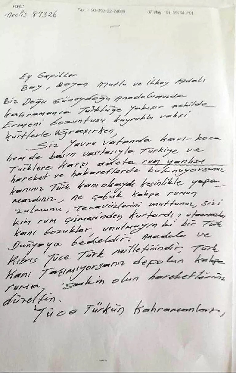 Kıbrıs Postası Kutlu Adalı'ya Gelen Tehdit Mektubunu Paylaştı - Resim: 1