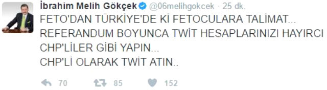 Melih Gökçek: FETÖ'cüler'e CHP'li gibi Tweet atın talimatı - Resim: 1