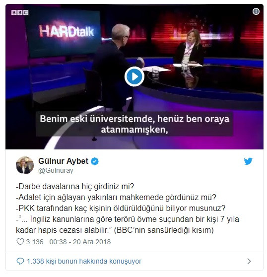 Erdoğan'ın danışmanı Gülnur Aybet, BBC o sözlerimi sansürledi dedi, kendisi Twitter'da paylaştı - Resim: 1