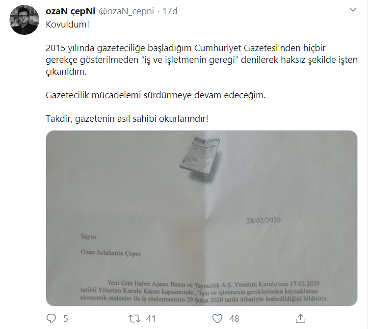 Cumhuriyet Gazetesi muhabiri Ozan Çepni: Kovuldum - Resim: 1