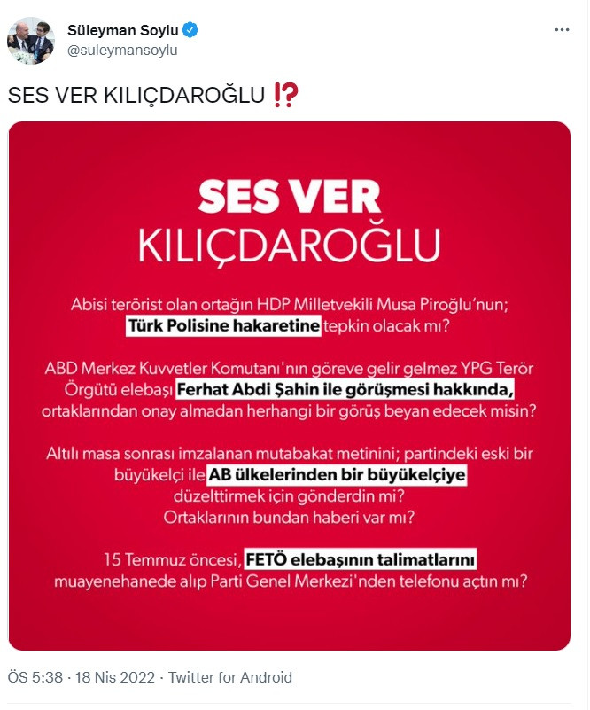 Süleyman Soylu'dan Kılıçdaroğlu'na 5 Soru - Resim: 1
