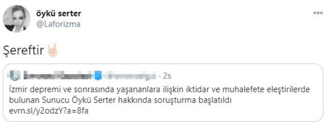 Öykü Serter'den O Soruşturmaya Tek Kelimelik Tepki: Şereftir! - Resim: 1