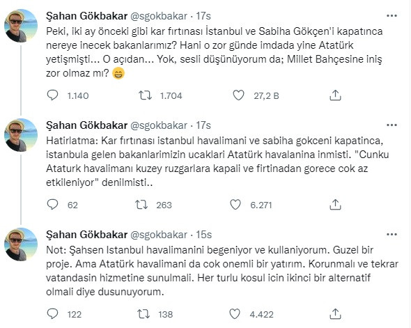Şahan Gökbakar'dan Bakan Karaismailoğlu'na: Kar Fırtınasında Millet Bahçesine İnmek Zor Olmaz mı? - Resim: 1
