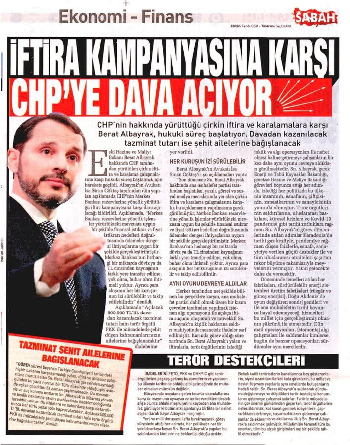 Berat Albayrak'ın Açıklamasını Sadece Sabah Manşetten Verdi - Resim: 1