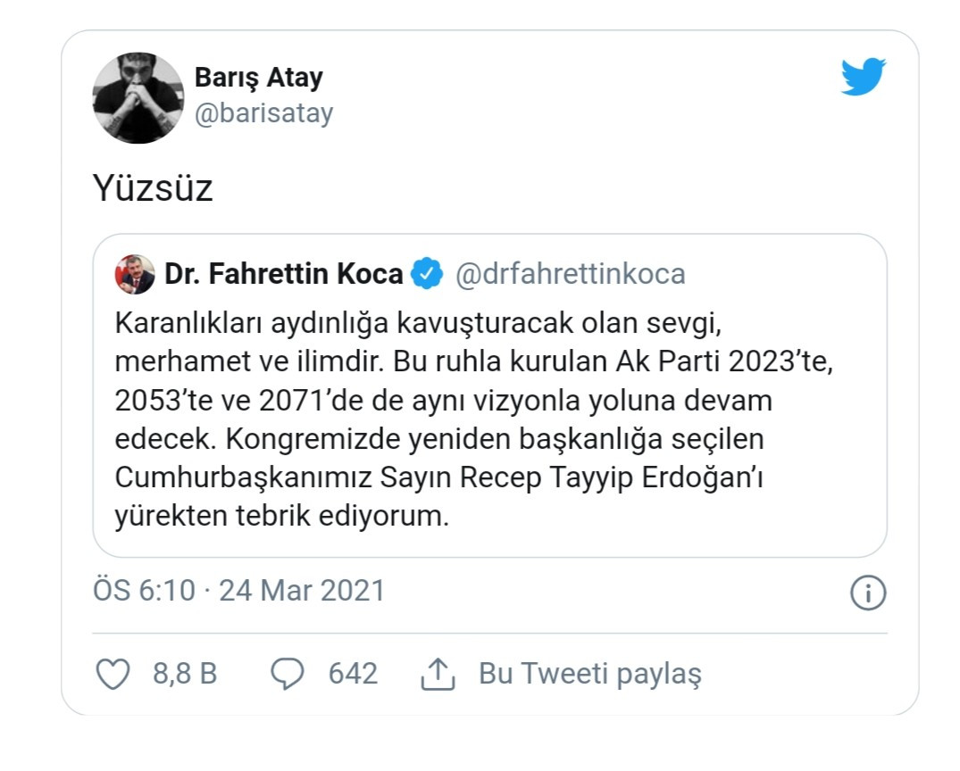 TİP Milletvekili Barış Atay'dan Erdoğan'ı Kutlayan Sağlık Bakanı Fahrettin Koca'ya Tepki: Yüzsüz - Resim: 1