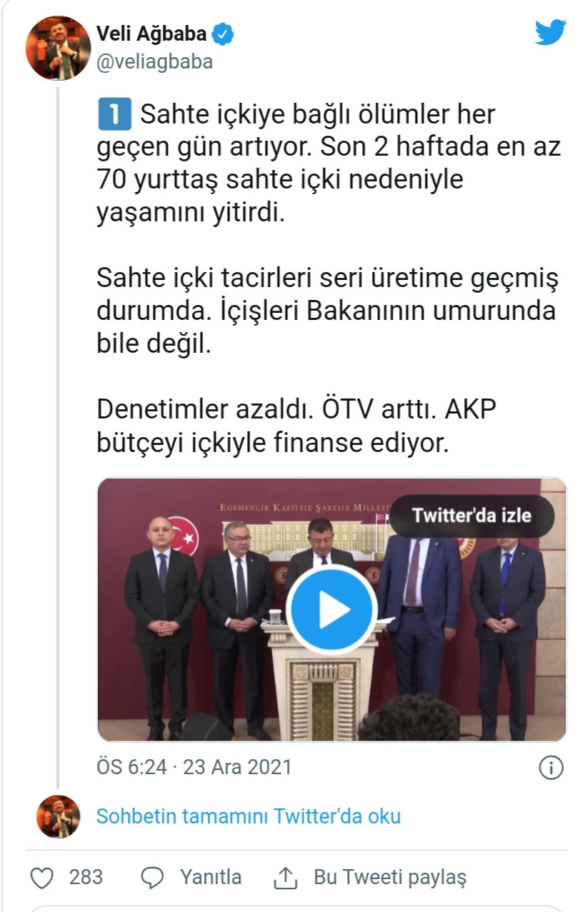 Veli Ağbaba Sahte İçkiye Bağlı Ölümleri Süleyman Soylu'ya Bağladı - Resim: 1