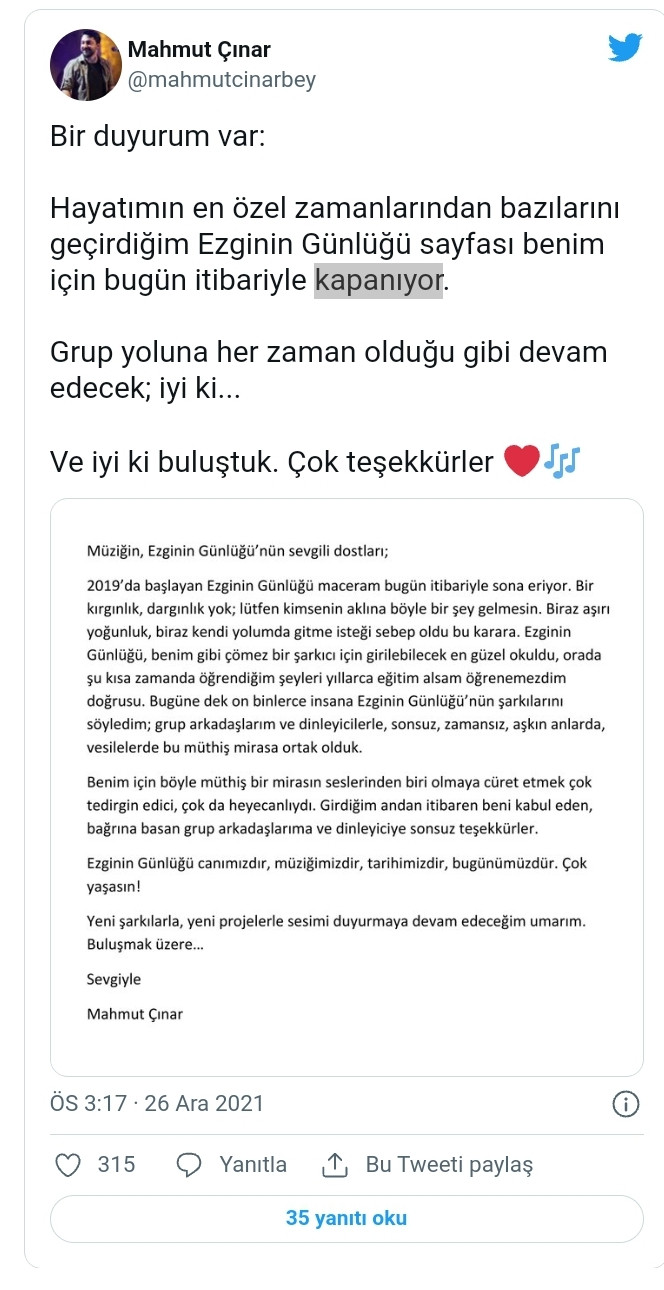 Ezginin Günlüğü’nde Ayrılık: Mahmut Çınar Sosyal Medya Hesabından Duyurdu - Resim: 1