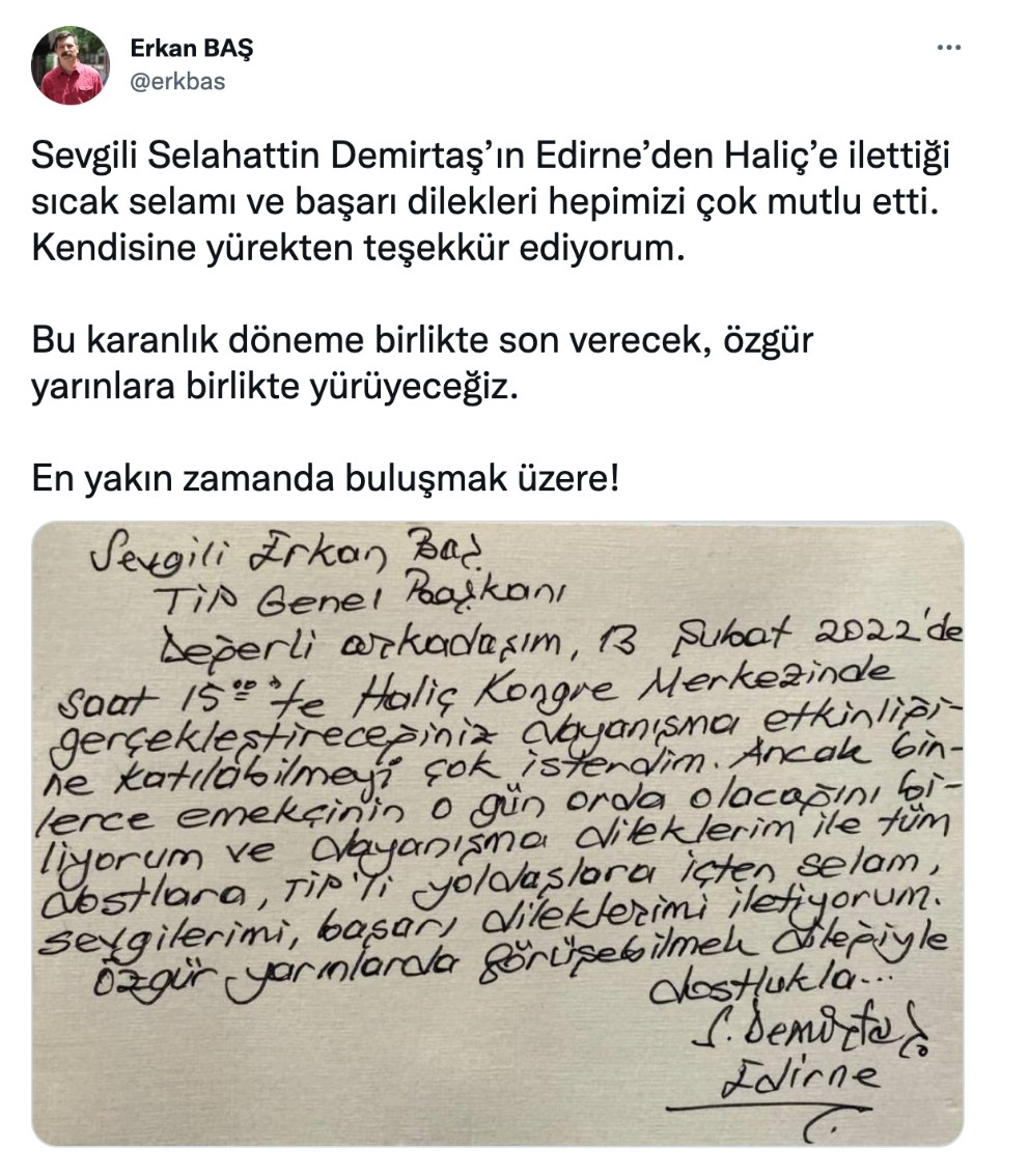Demirtaş'tan Erkan Baş'a Mesaj: Özgür Yarınlarda Görüşmek Dileğiyle - Resim: 1