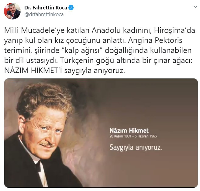 Fahrettin Koca'dan Nazım Hikmet paylaşımı - Resim: 1