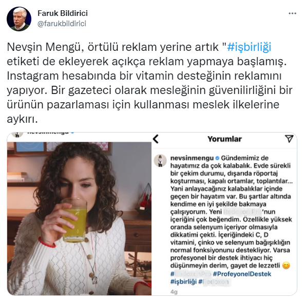Bildirici'den Nevşin Mengü'ye Gizli Reklam Tepkisi - Resim: 1