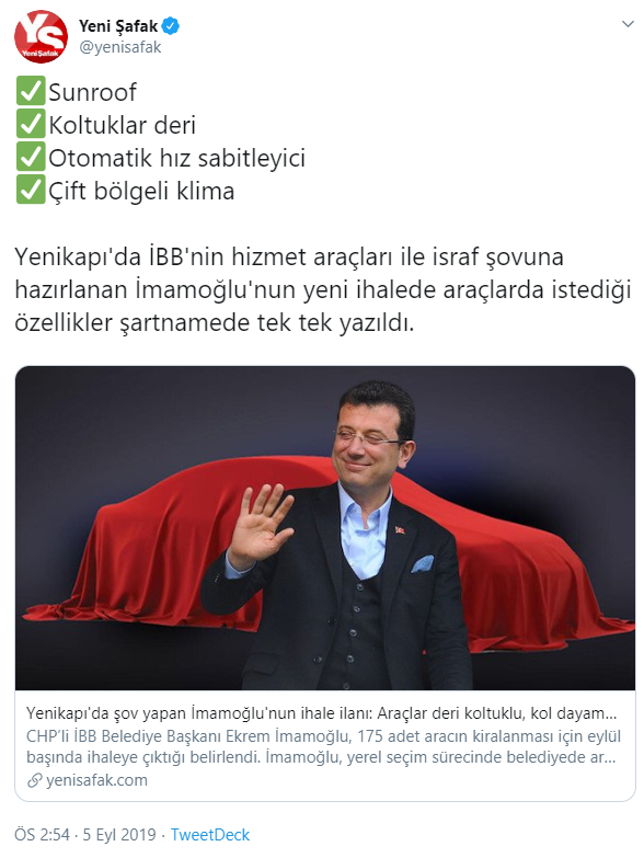 Yeni Şafak'ın İmamoğlu sunrooflu araç istedi haberi asparagas çıktı - Resim: 1