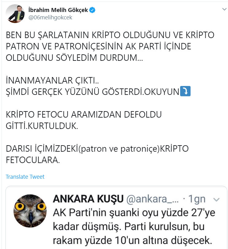 Gökçek, yaptığı paylaşımla AKP içinde kripto FETÖ’cü olduğunu itiraf etti - Resim: 1