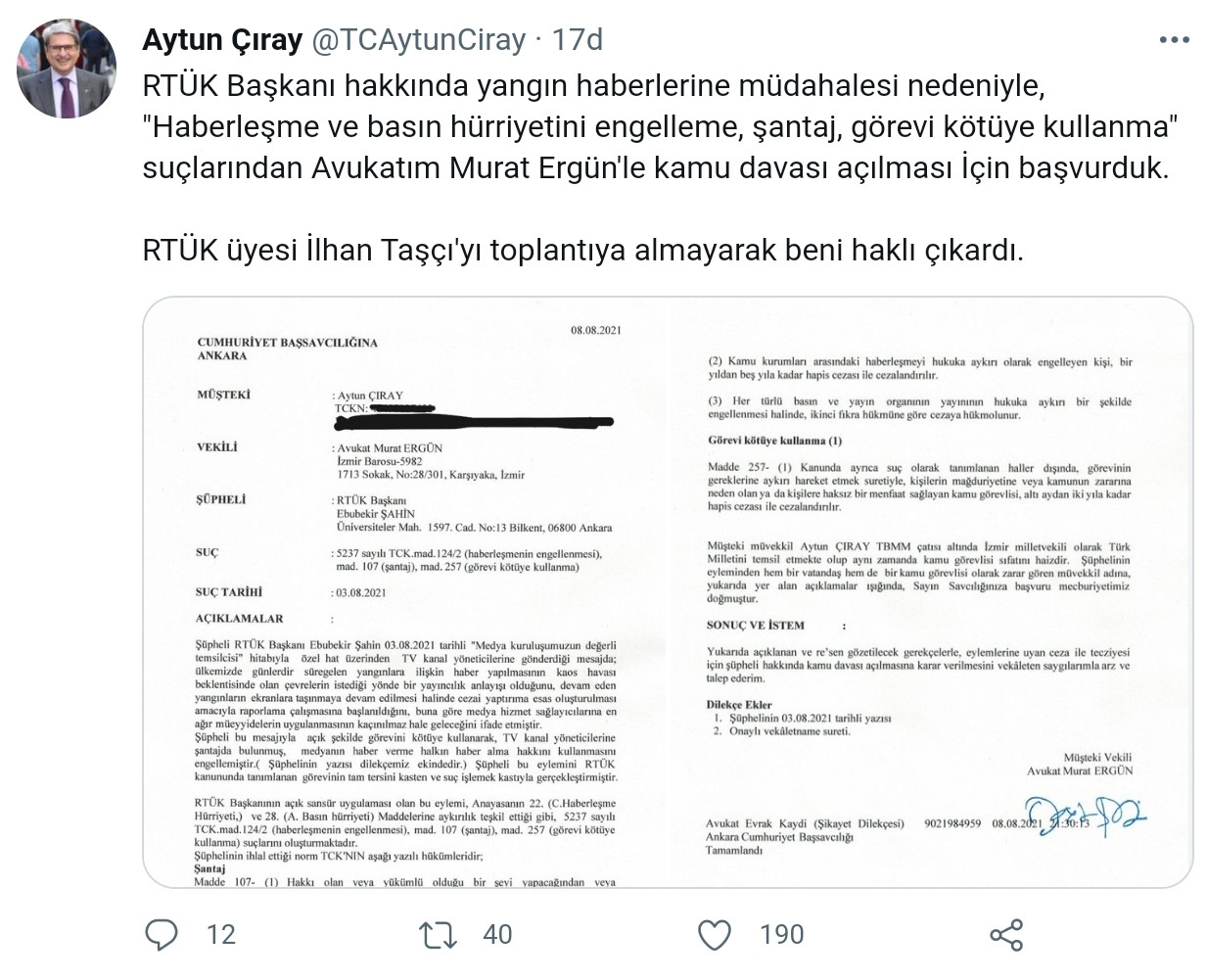 İYİ Partili Çıray'dan RTÜK Başkanı Şahin Hakkında Suç Duyurusu - Resim: 1