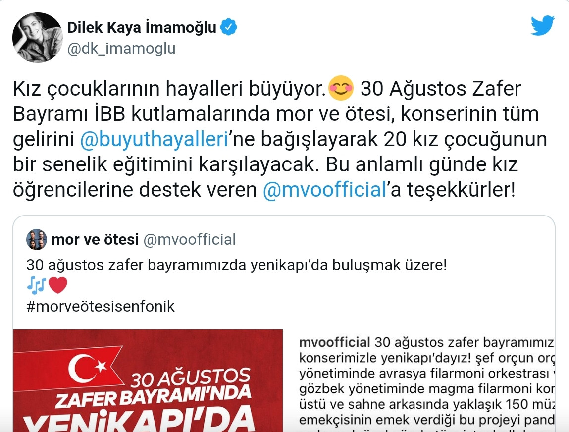 Konser Gelirini 20 Kız Çocuğunun Eğitimine Bağışlayan Mor ve Ötesi'ne Dilek İmamoğlu'ndan Teşekkür - Resim: 1