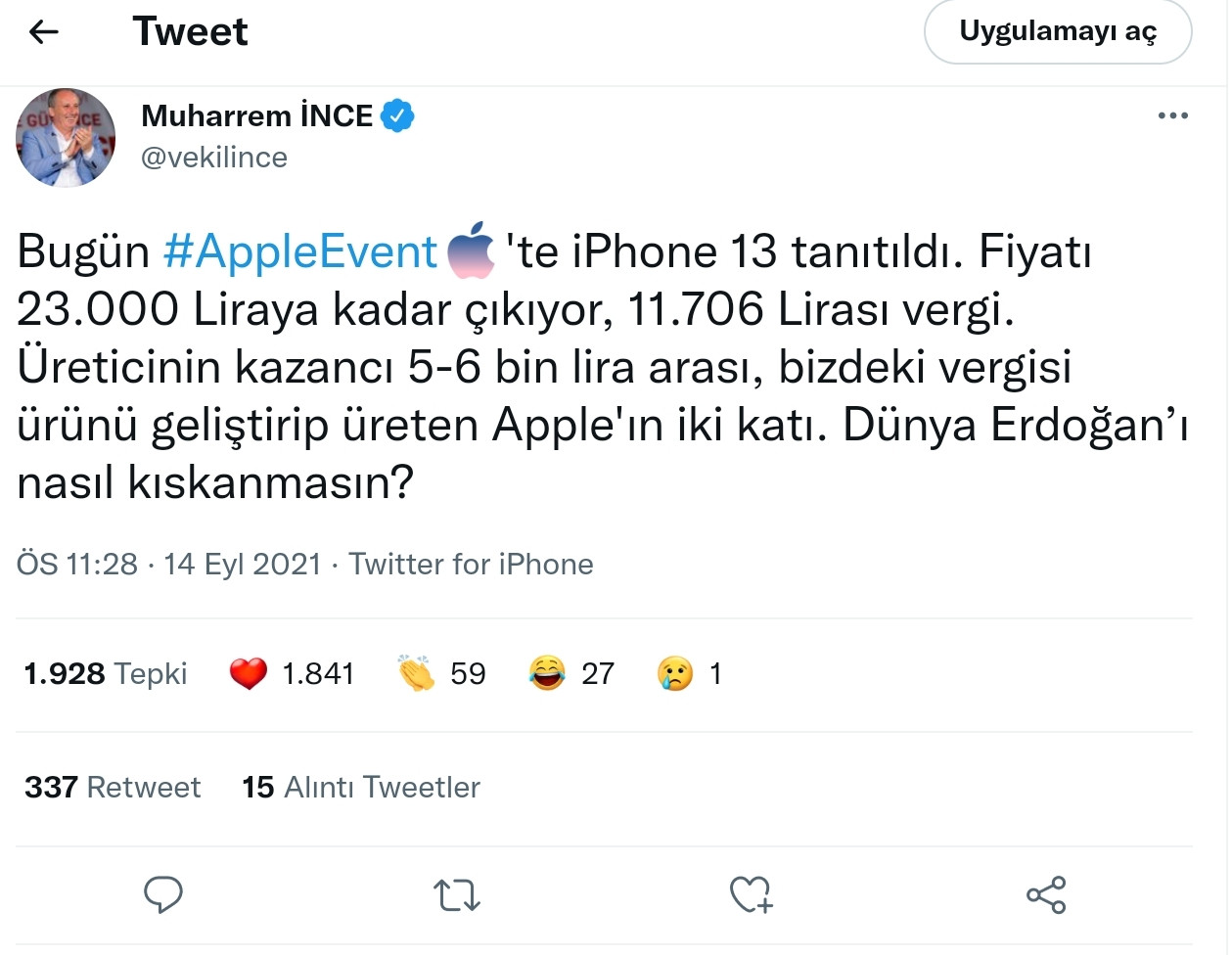 Muharrem İnce'den iPhone 13 Yorumu: Dünya Erdoğan'ı Kıskanıyor - Resim: 1